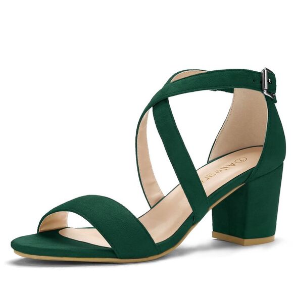 Allegra K Shoes - Women's Open Toe Crisscross Ankle Strap Mid Block Heel Green Sandals
